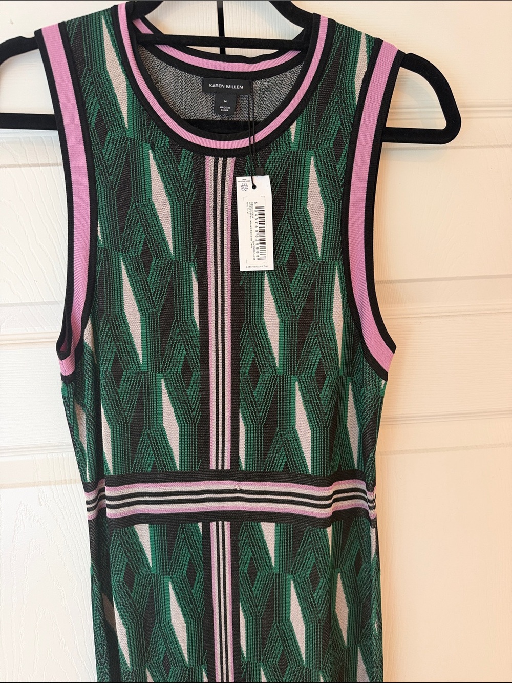 Karen Millen Green and Pink Geometric Knit Sleeveless Dress